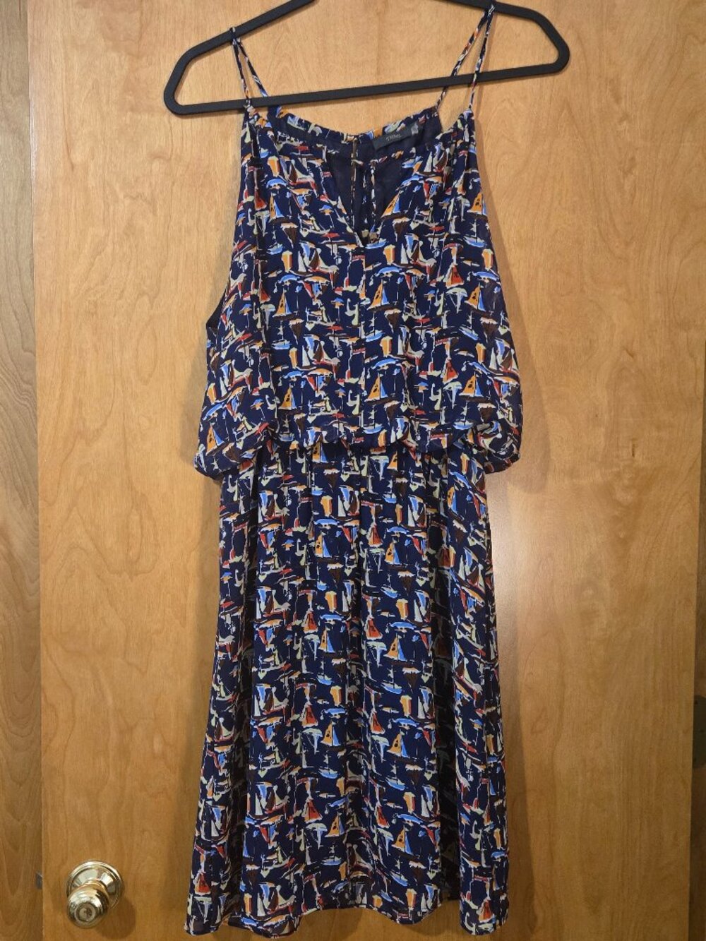 THML Medium Navy Sailboat Print Blouson Sleeveless dress Boho Summer Nautical